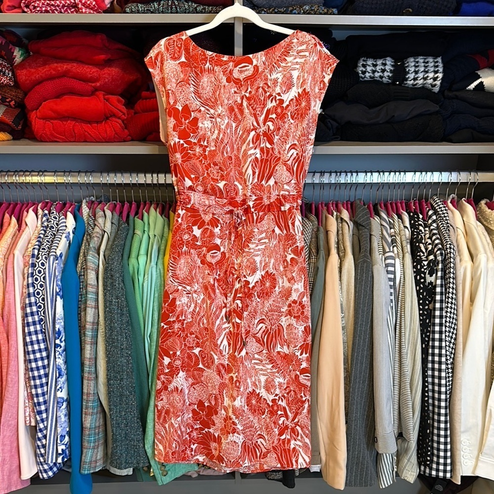 H&M reddish orange/white print sleeveless cinch front dress size 2